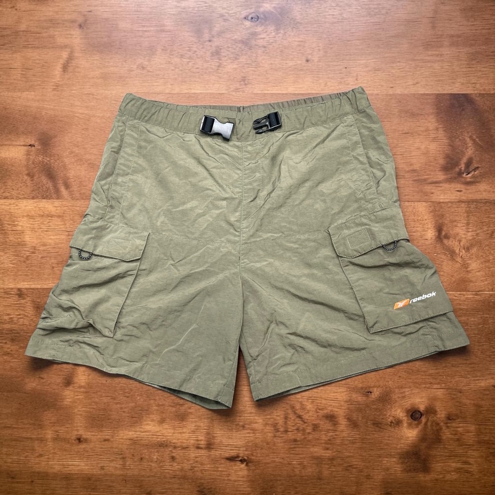Vintage Reebok Mens Cargo Shorts Olive Green Nylon Utility Belted Medium 34W  7"